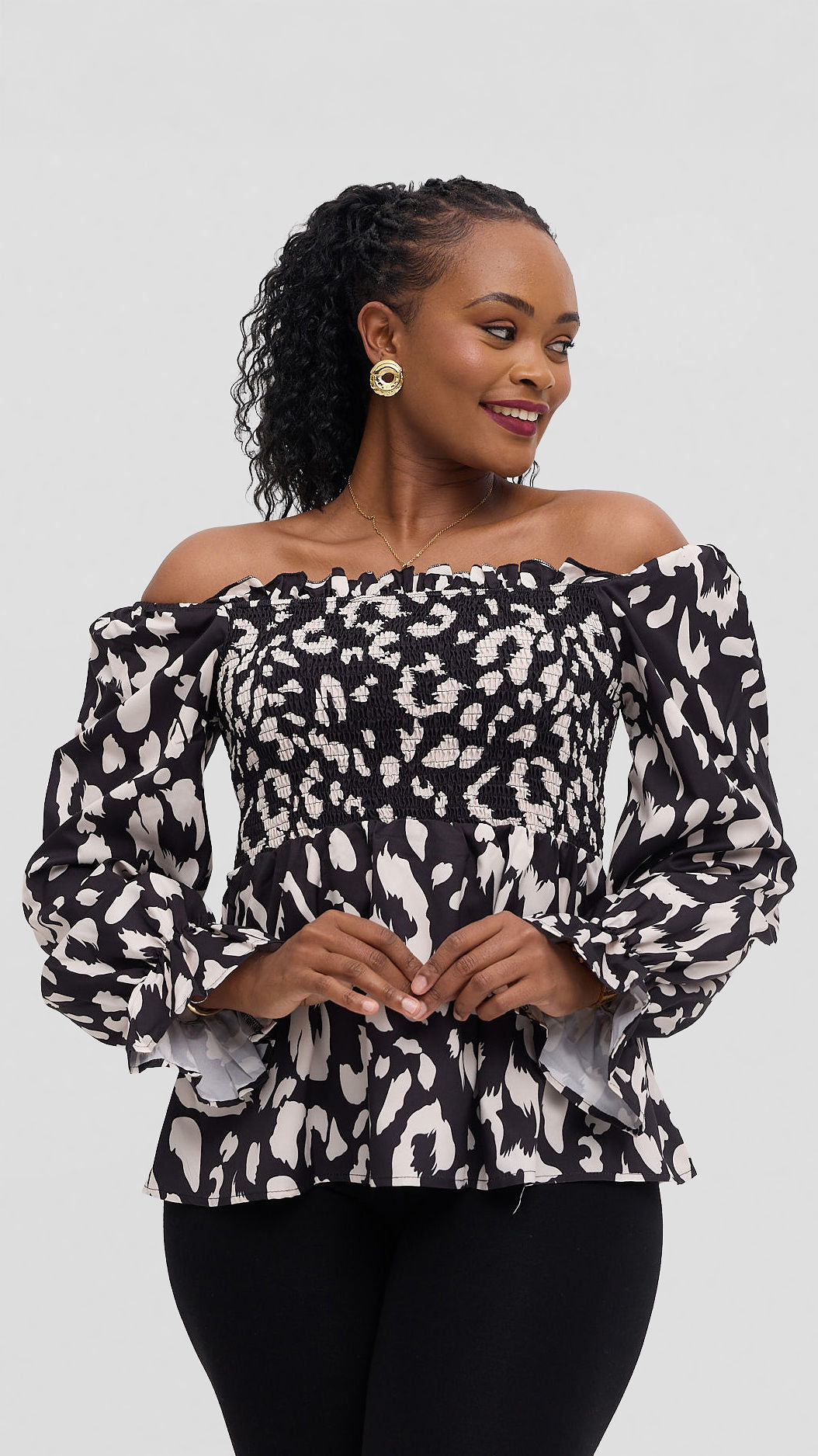 Monique Smocked Peplum Blouse – Black & White