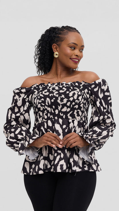 Monique Smocked Peplum Blouse – Black & White