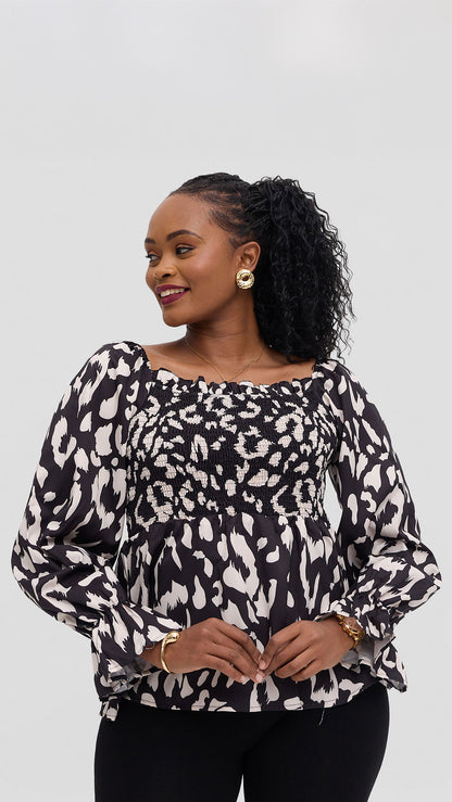 Monique Smocked Peplum Blouse – Black & White