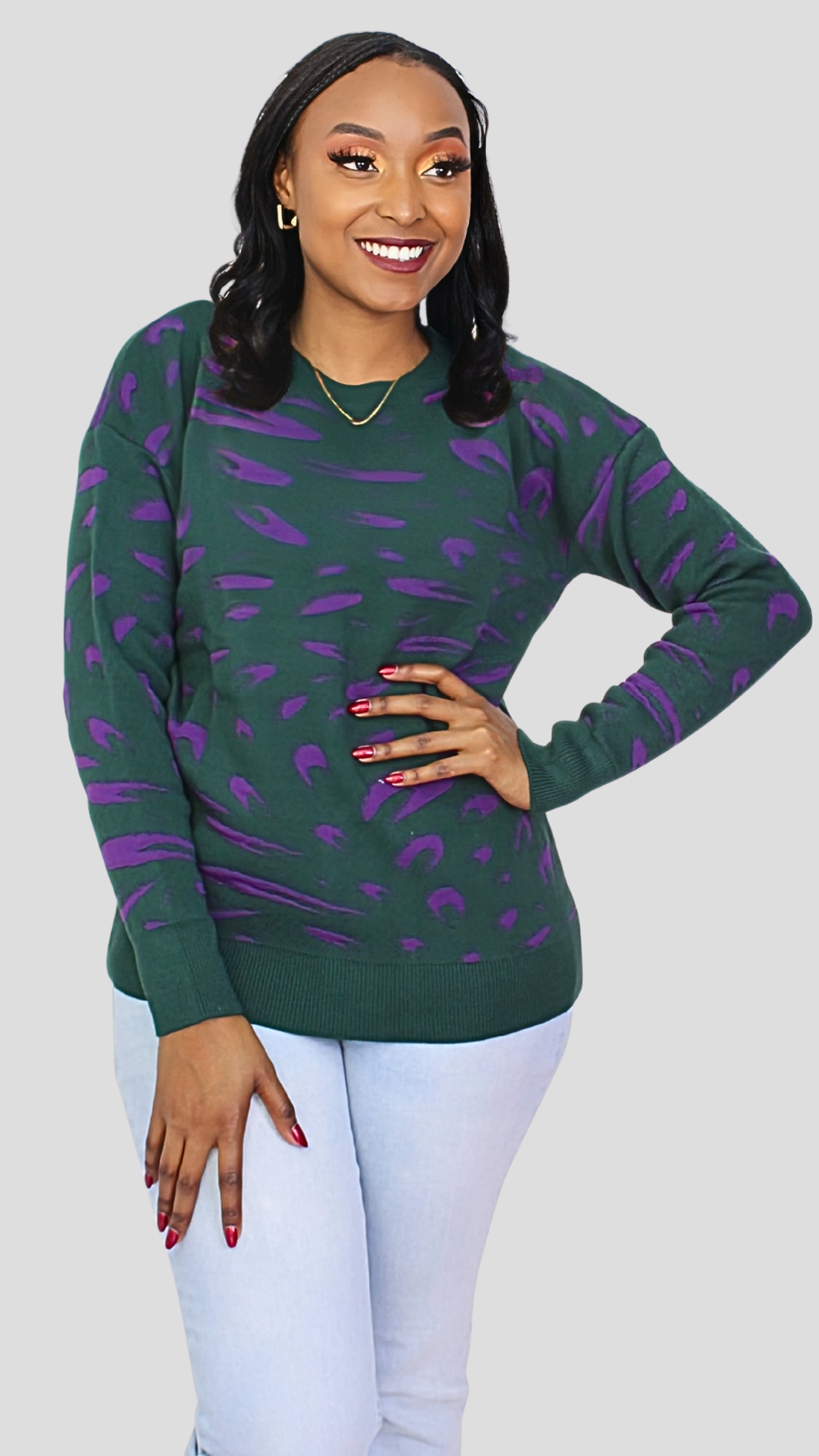 The Fashion Frenzy Printed Pullover Sweater - Green