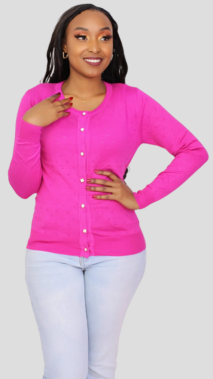 The Fashion Frenzy Pointelle Button-Through Knit Cardigan - Fuchsia