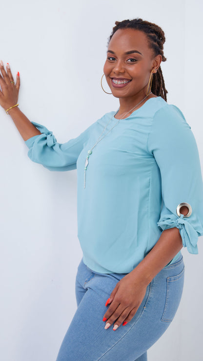 The Fashion Frenzy Ribbon Tie Top - Blue