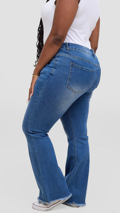 The Fashion Frenzy Urban Fray Detail Flare up Jeans- Blue