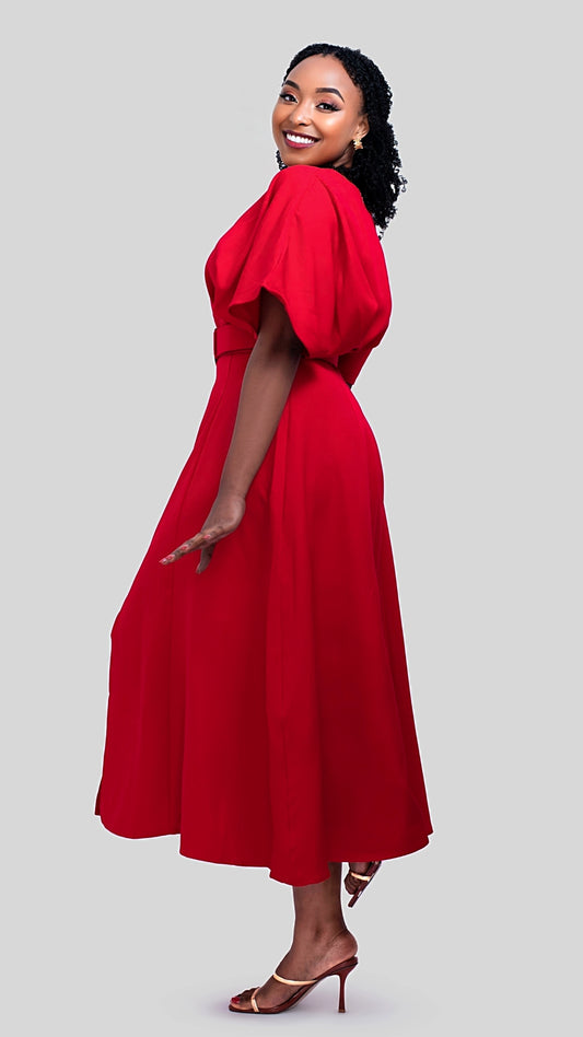 The Fashion Frenzy Belted Midi Dress - Red