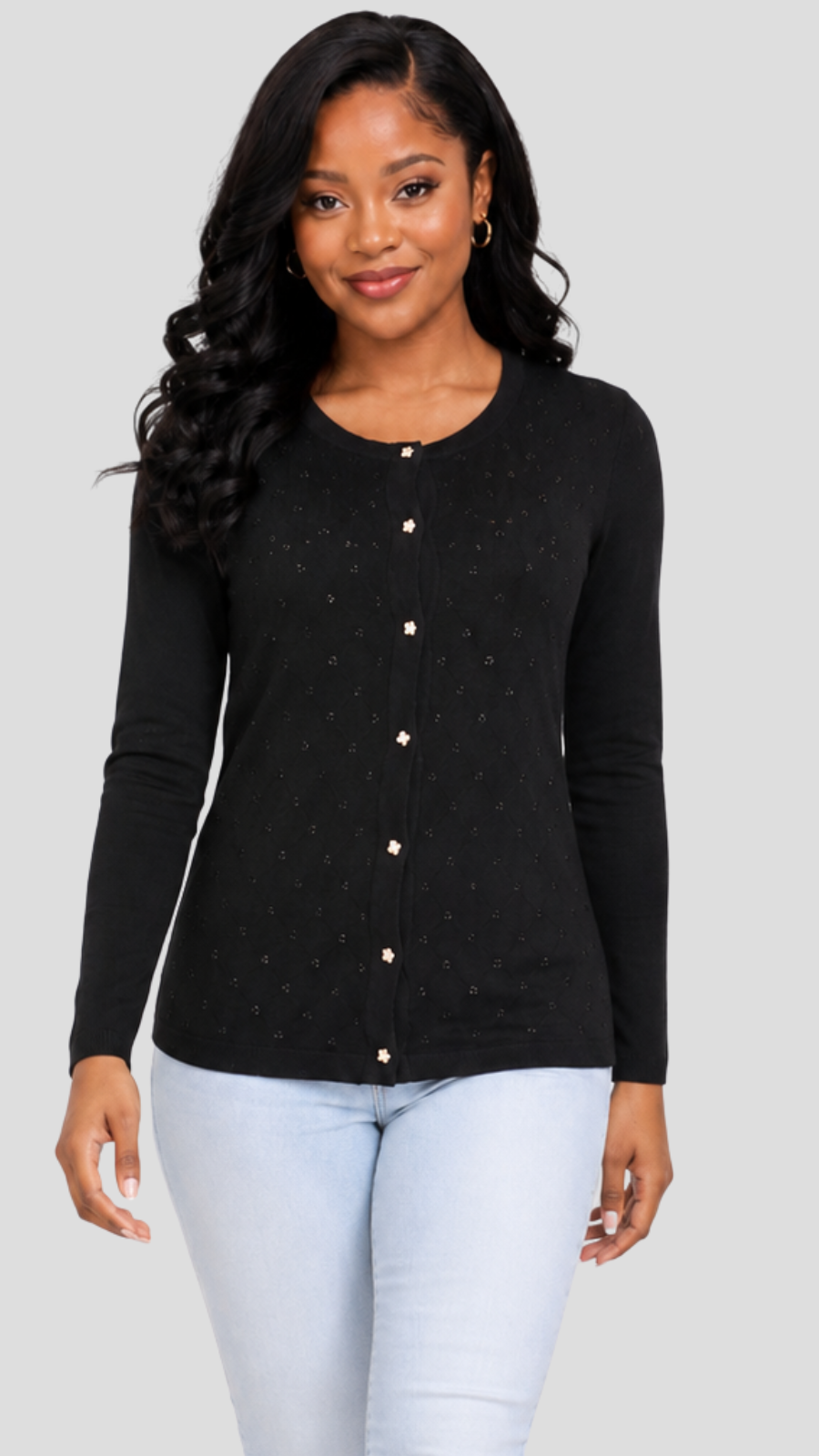 The Fashion Frenzy Pointelle Button-Through Knit Cardigan - Black