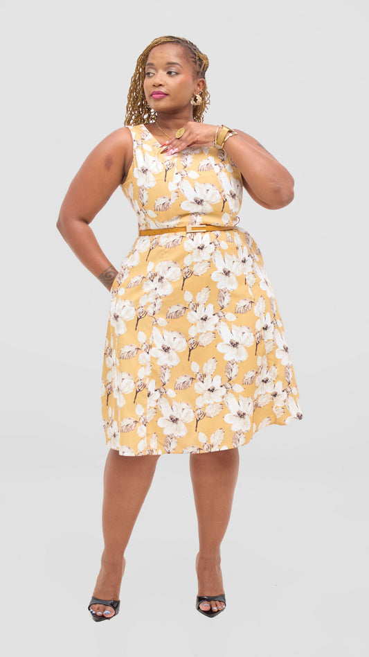 The Fashion Frenzy Belted Floral Skater Dress - Yellow