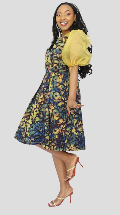 The Fashion Frenzy Neema Puff Sleeve Dress - Yellow Print