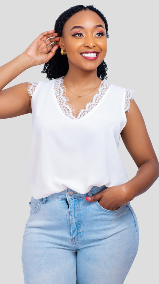 The Fashion Frenzy Lace Trim Sleeveless Top – White