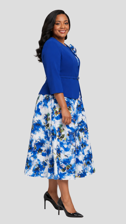 The Fashion Frenzy Majestic Petals Floral Dress Suit - Royal Blue