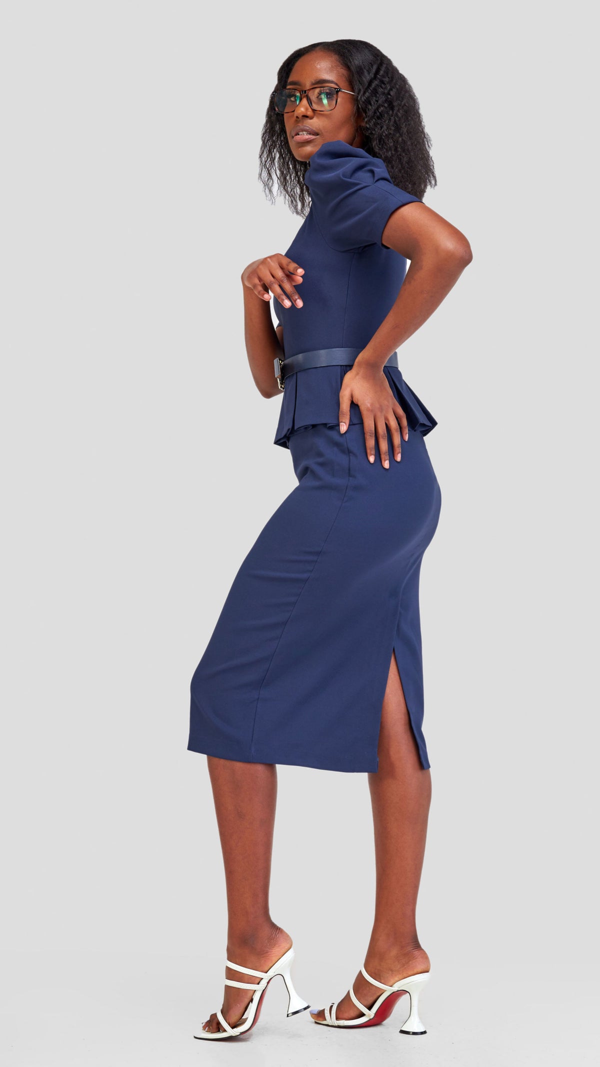 Chic Navy Belted Peplum Dress- Navy