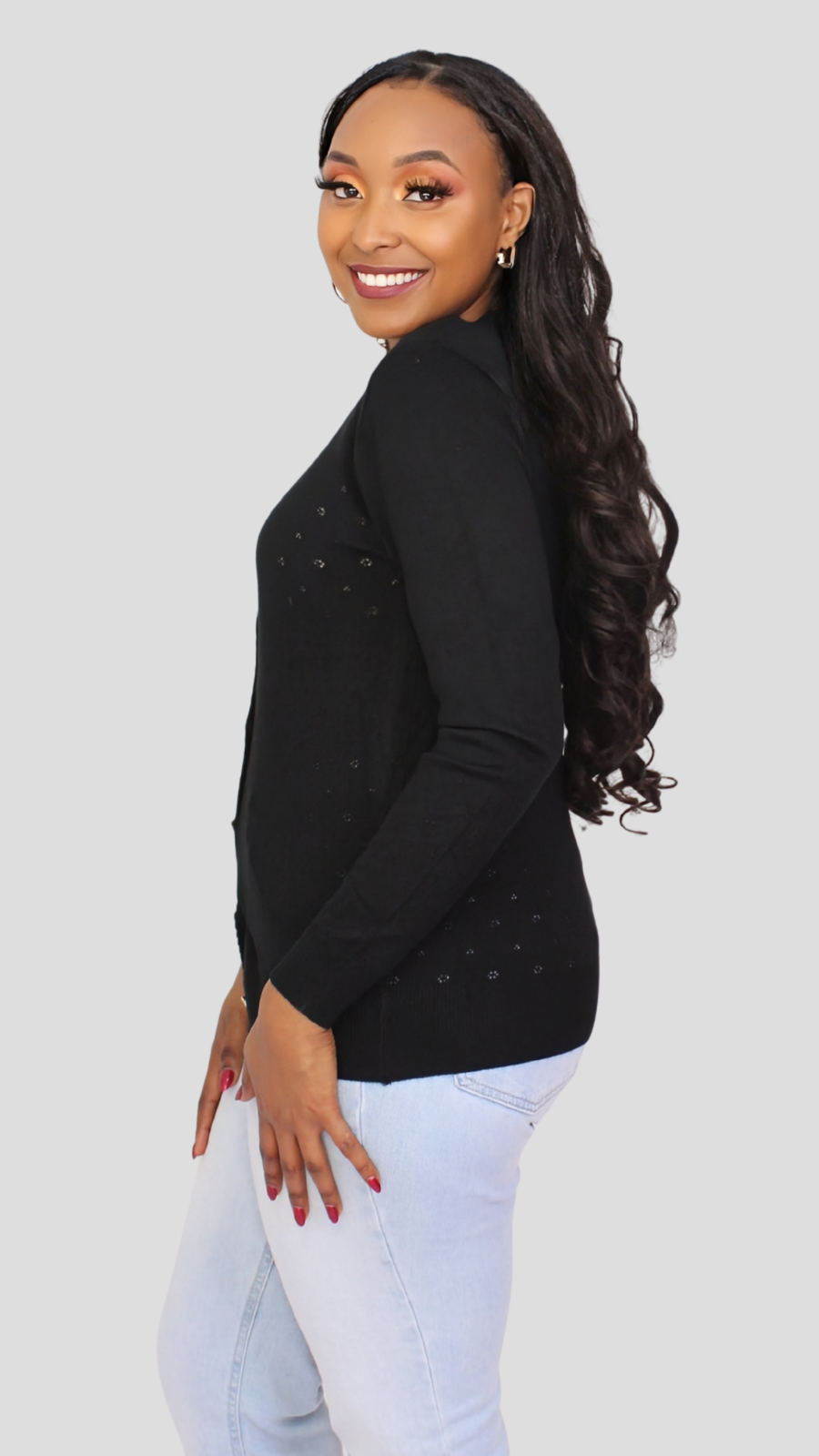 The Fashion Frenzy Pointelle Button-Through Knit Cardigan - Black