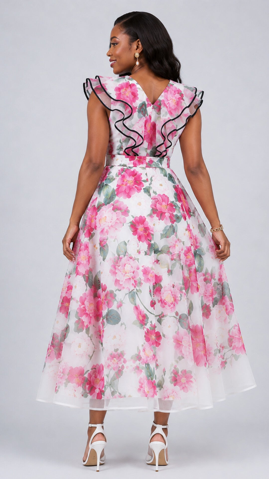 The Fashion Frenzy Blush Floral Ruffle Detail Midi Dress - Pink