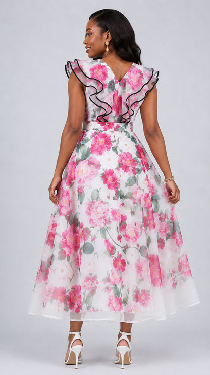 The Fashion Frenzy Blush Floral Ruffle Detail Midi Dress - Pink