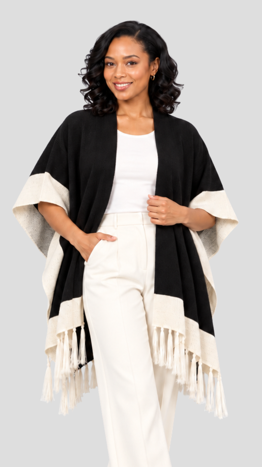 Camille Colourblock Fringed Shawl – Black & Ivory