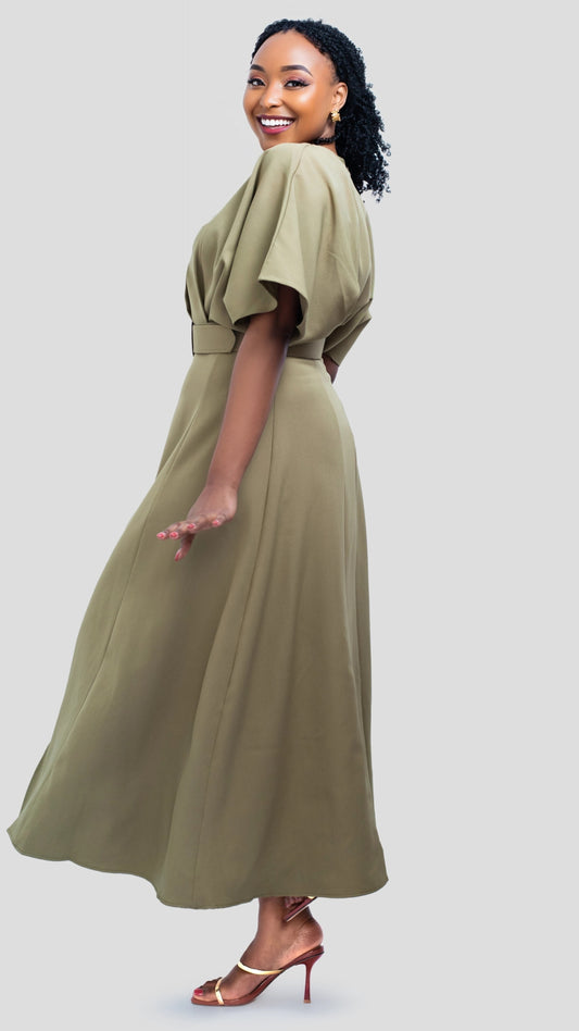 The Fashion Frenzy Belted Midi Dress - Olive Green