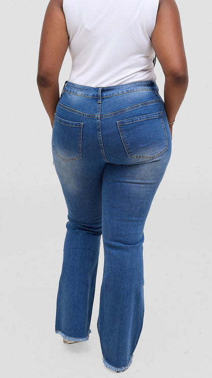 The Fashion Frenzy Urban Fray Detail Flare up Jeans- Blue