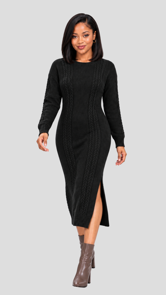 The Fashion Frenzy Cable Knit Sweater Midi Dress - Black