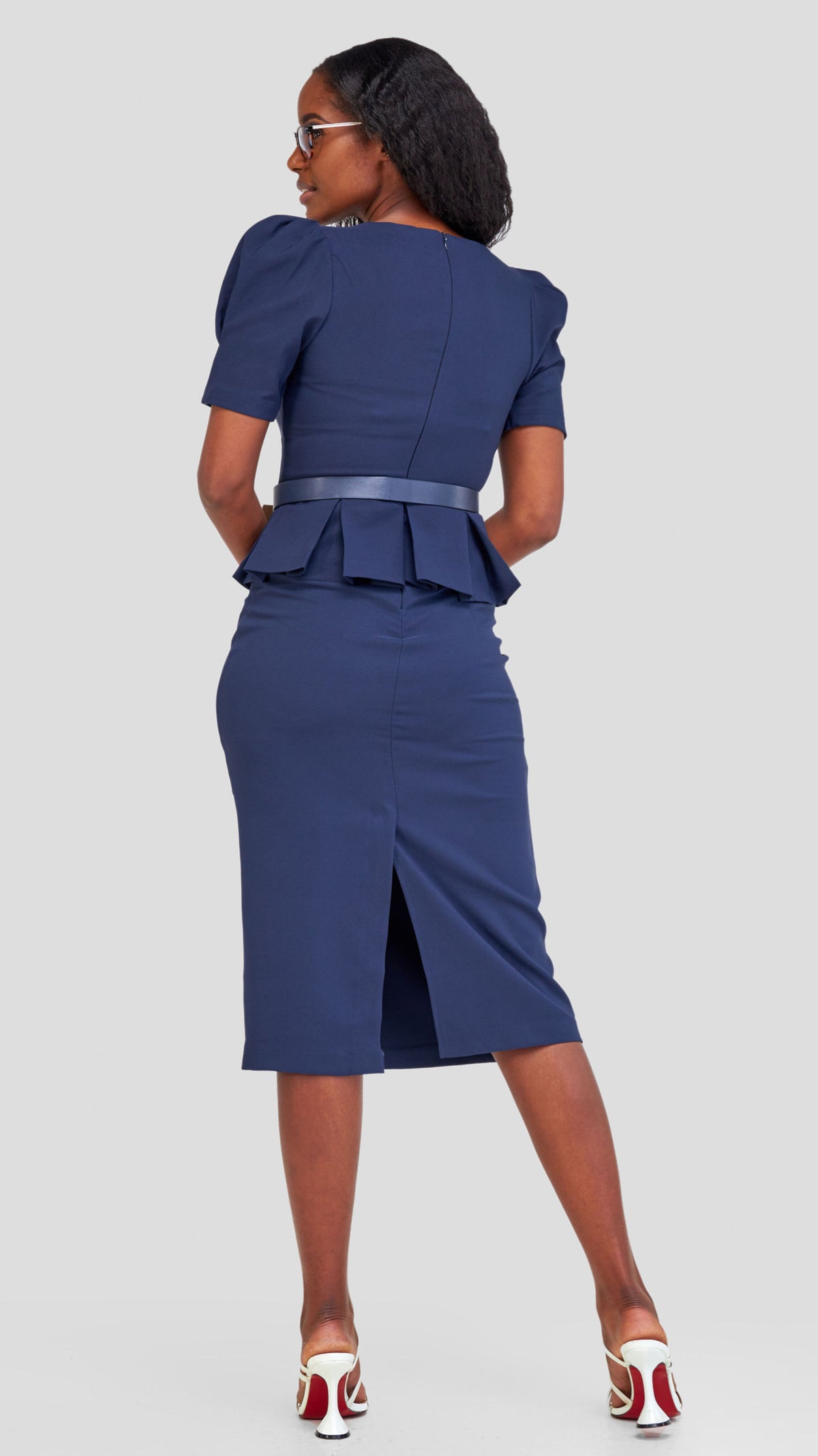 Chic Navy Belted Peplum Dress- Navy