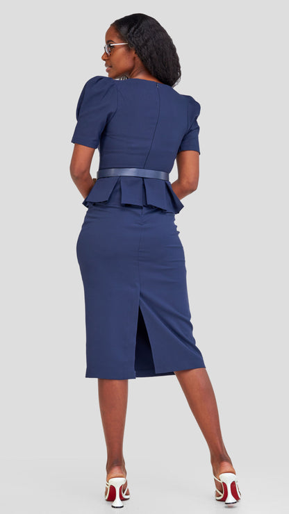Chic Navy Belted Peplum Dress- Navy