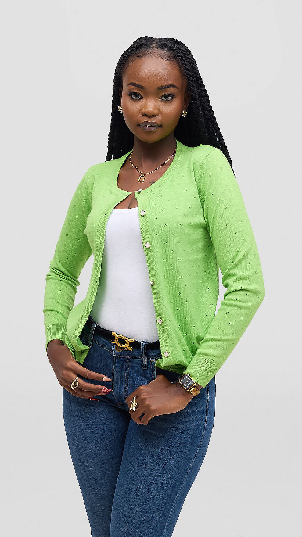 The Fashion Frenzy Pointelle Button - Through Knit Cardigan – Green