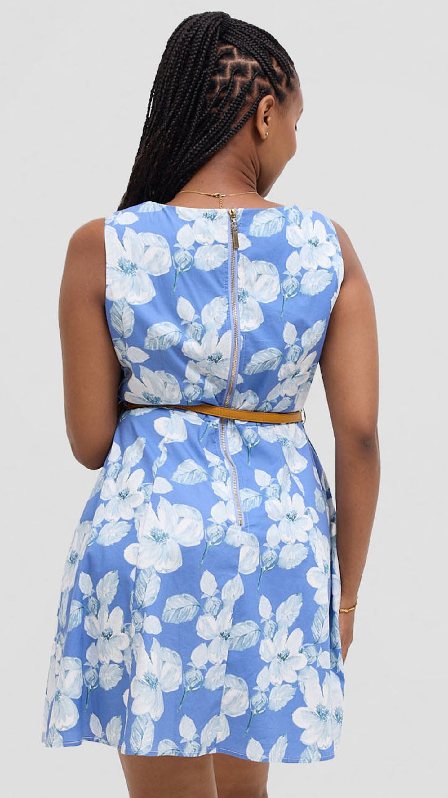 The Fashion Frenzy Belted Floral Skater Dress - Blue