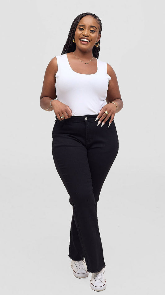 The Fashion Frenzy Kaya Fray Detail Straight Jeans – Black