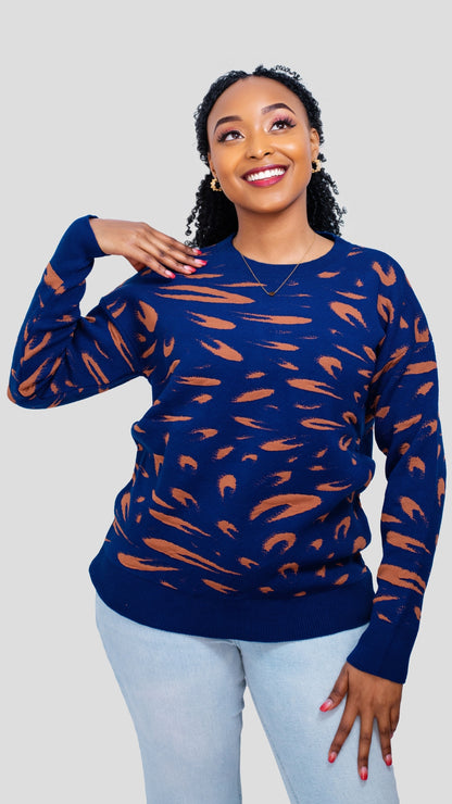 The Fashion Frenzy Printed Pullover Sweater - Blue