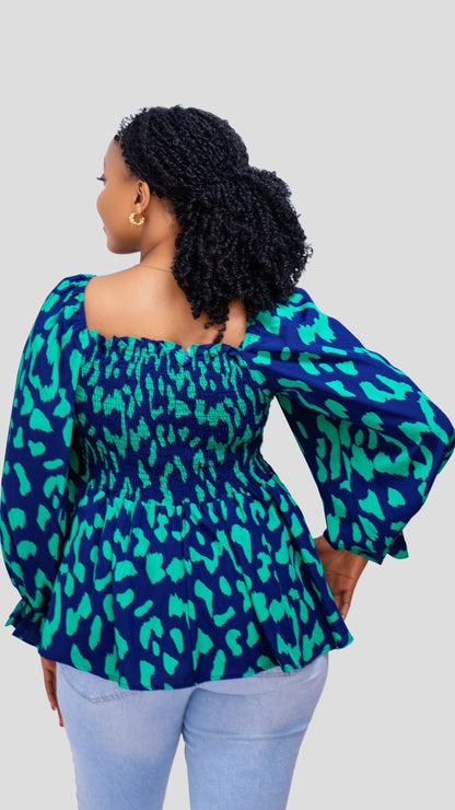 The Fashion Frenzy Blue & Green Smocked Print Top