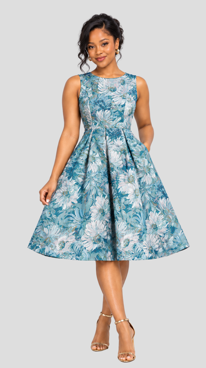 The Fashion Frenzy Florence Bloom Skater Dress - Blue