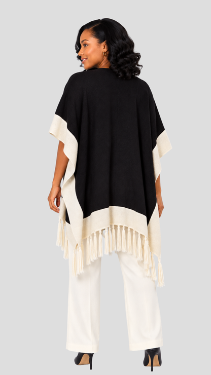 Camille Colourblock Fringed Shawl – Black & Ivory