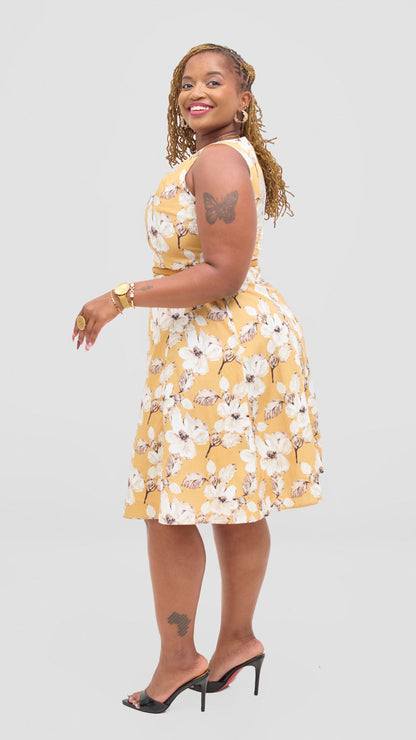The Fashion Frenzy Belted Floral Skater Dress - Yellow