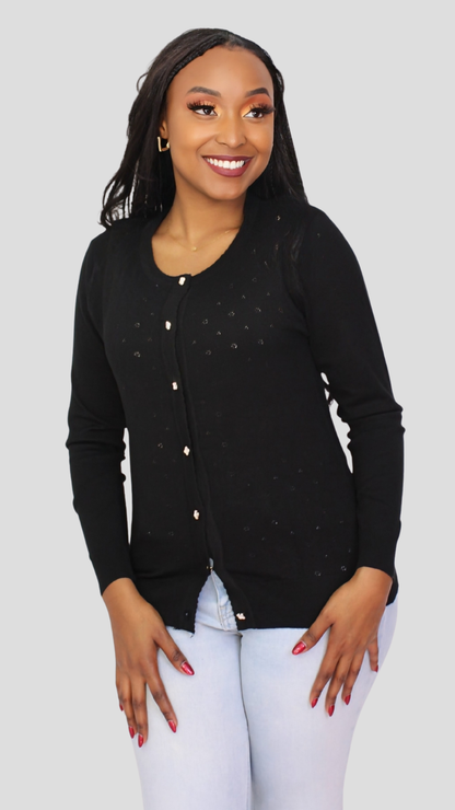 The Fashion Frenzy Pointelle Button-Through Knit Cardigan - Black
