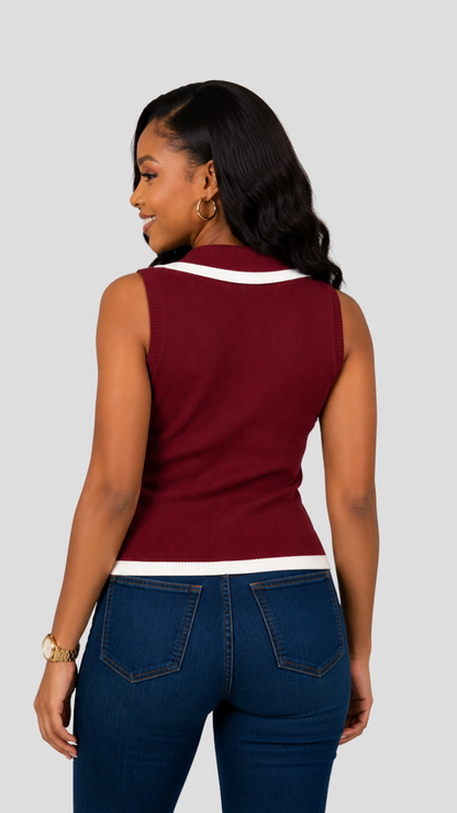 The Fashion Frenzy Contrast Trim Sleeveless Knit Top - Maroon
