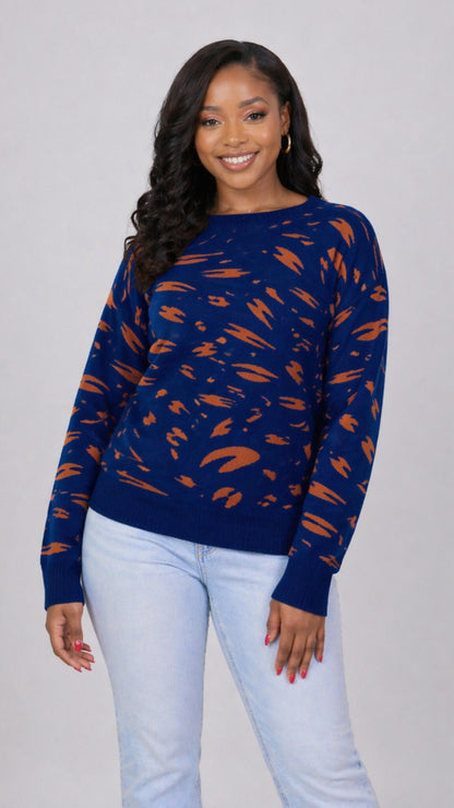 The Fashion Frenzy Printed Pullover Sweater - Blue