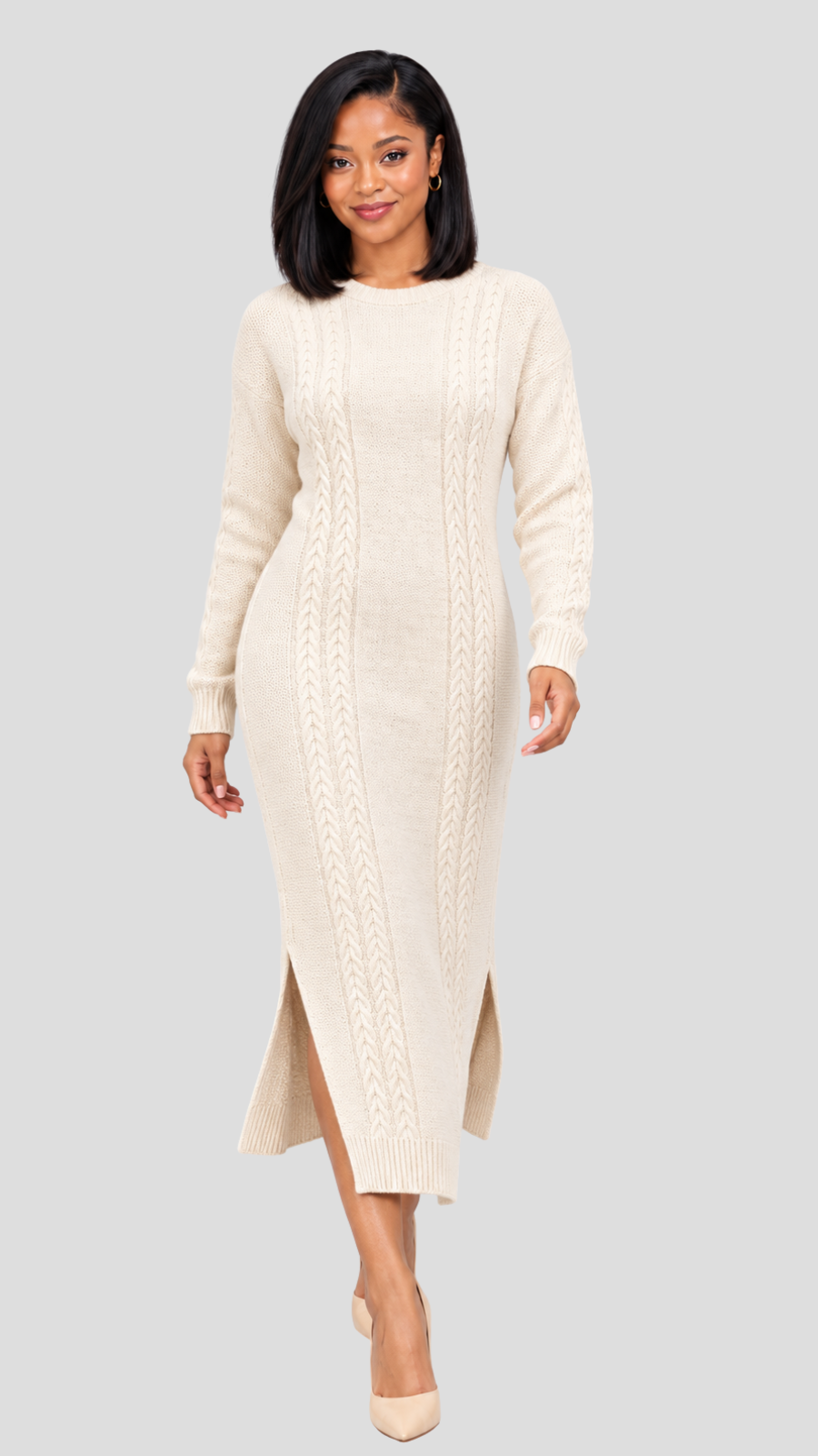 The Fashion Frenzy Cable Knit Sweater Midi Dress - Cream