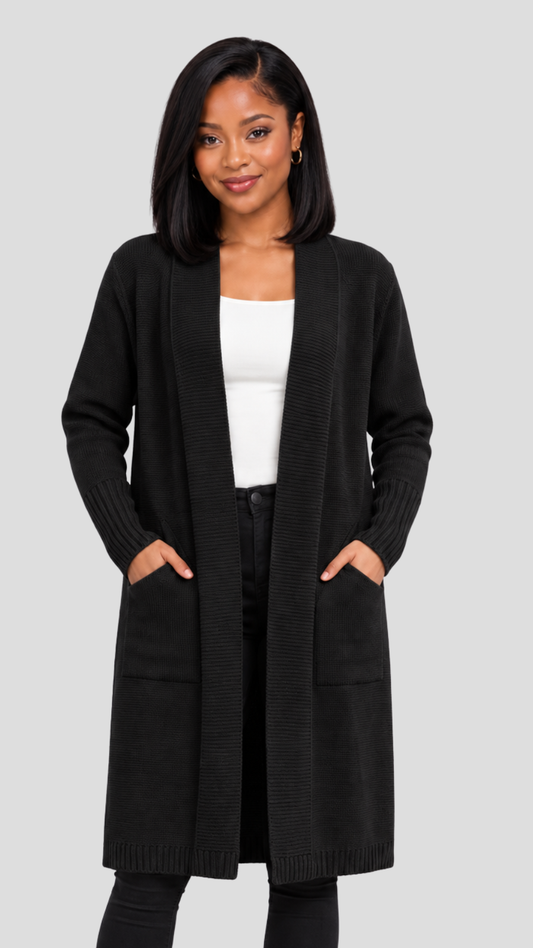 The Fashion Frenzy Lora Longline Waterfall  Cardigan - Black