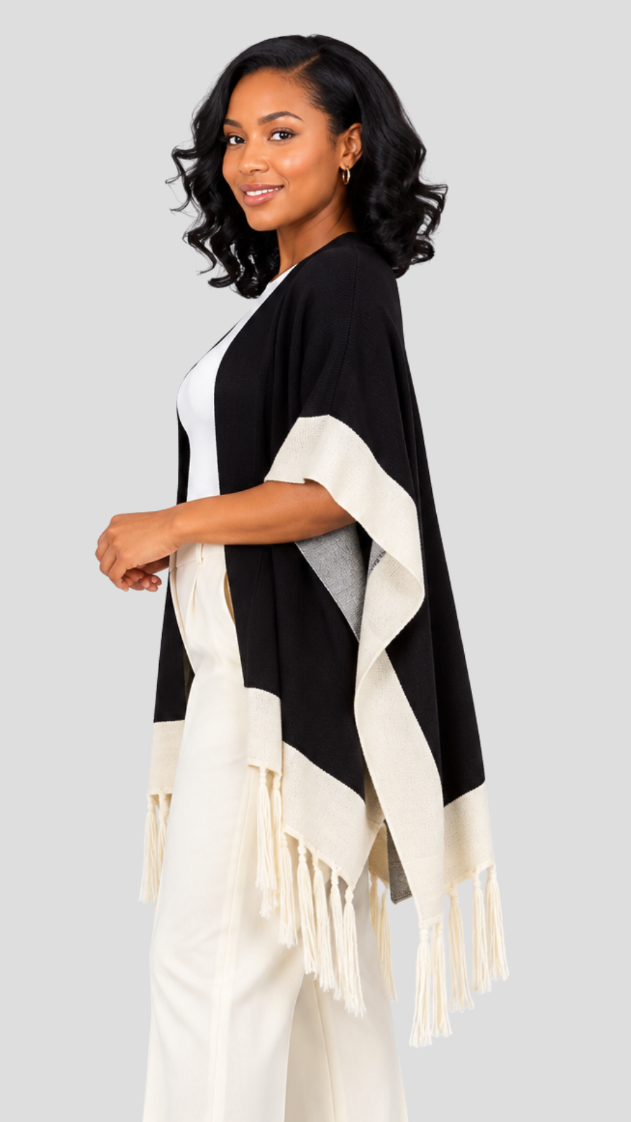 Camille Colourblock Fringed Shawl – Black & Ivory