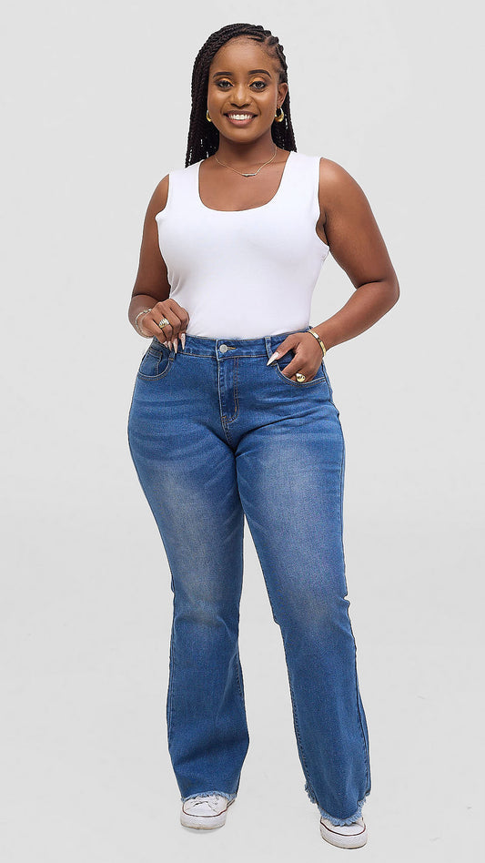 The Fashion Frenzy Urban Fray Detail Flare up Jeans- Blue