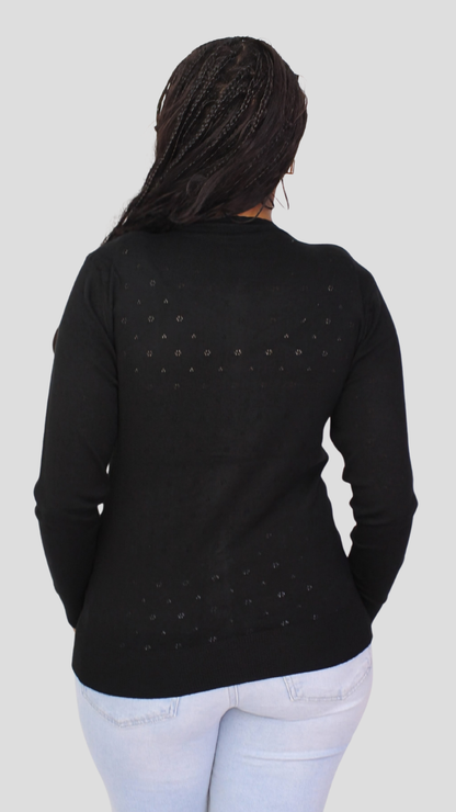 The Fashion Frenzy Pointelle Button-Through Knit Cardigan - Black