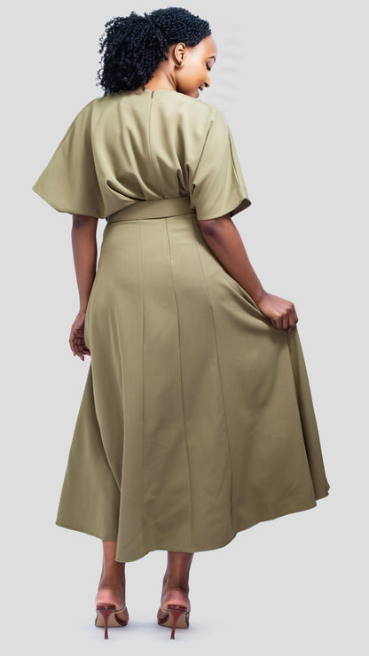 The Fashion Frenzy Belted Midi Dress - Olive Green