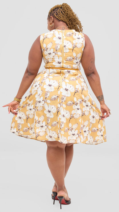 The Fashion Frenzy Belted Floral Skater Dress - Yellow