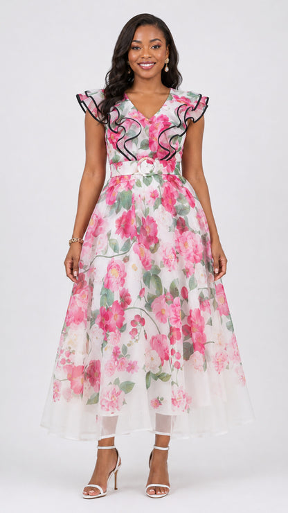 The Fashion Frenzy Blush Floral Ruffle Detail Midi Dress - Pink