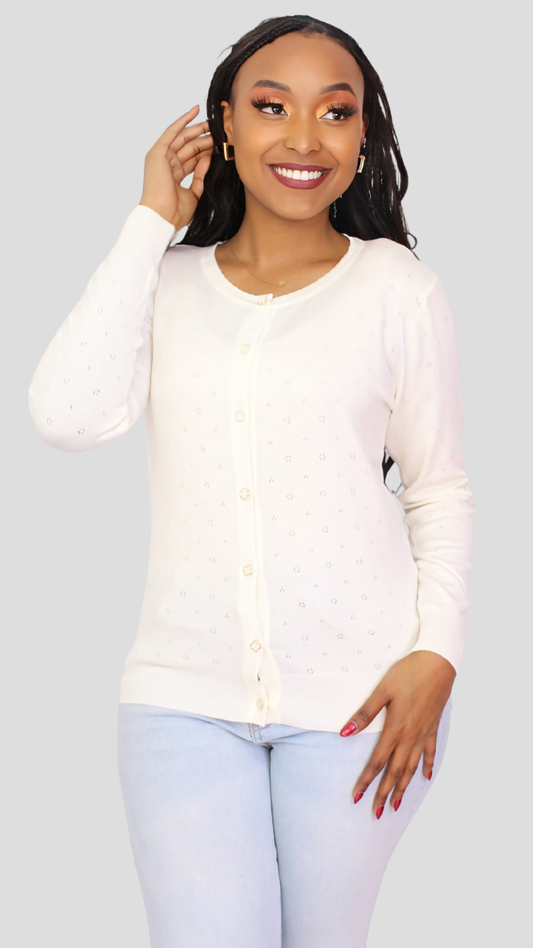 The Fashion Frenzy Pointelle Button-Through Knit Cardigan - Black