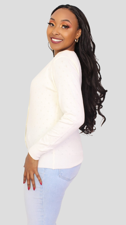 The Fashion Frenzy Pointelle Button-Through Knit Cardigan - Black