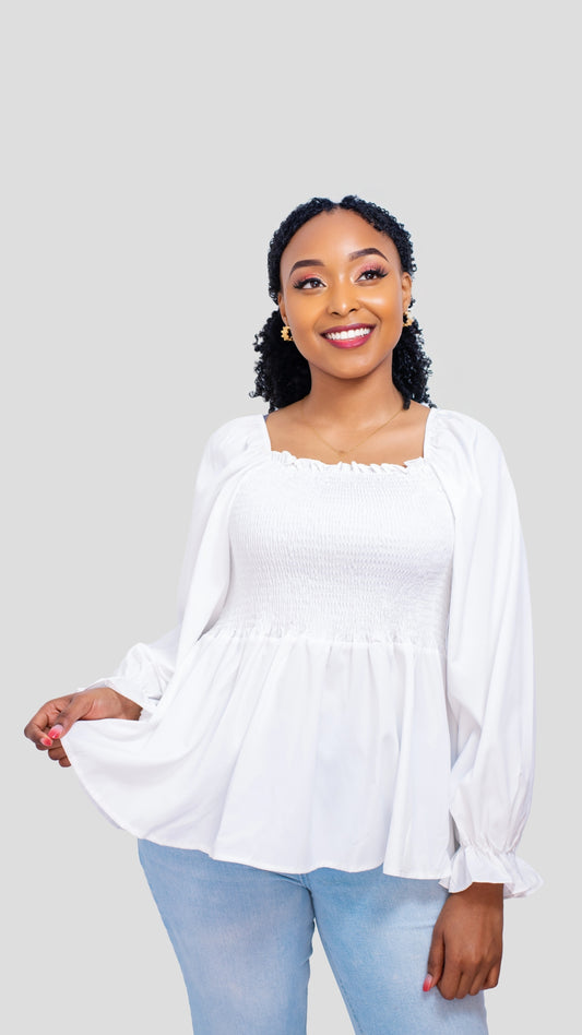 The Fashion Frenzy Smocked Peplum Top - White