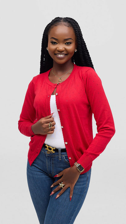 The Fashion Frenzy Pointelle Button-Through Knit Cardigan - Red