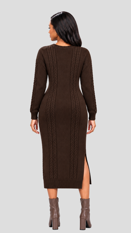 The Fashion Frenzy Cable Knit Sweater Midi Dress - Brown