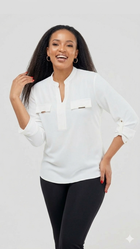 The Fashion Frenzy White Blue Notch Neck Blouse - White