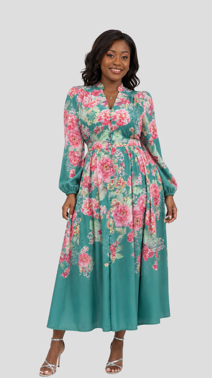 The Fashion Frenzy Seraphine Floral Maxi Dress- Green