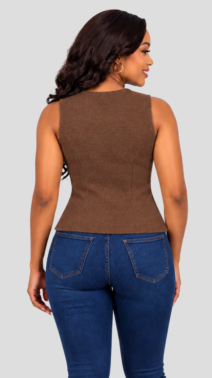 The Fashion Frenzy Tailored Sleeveless Knit Vest Top - Brown